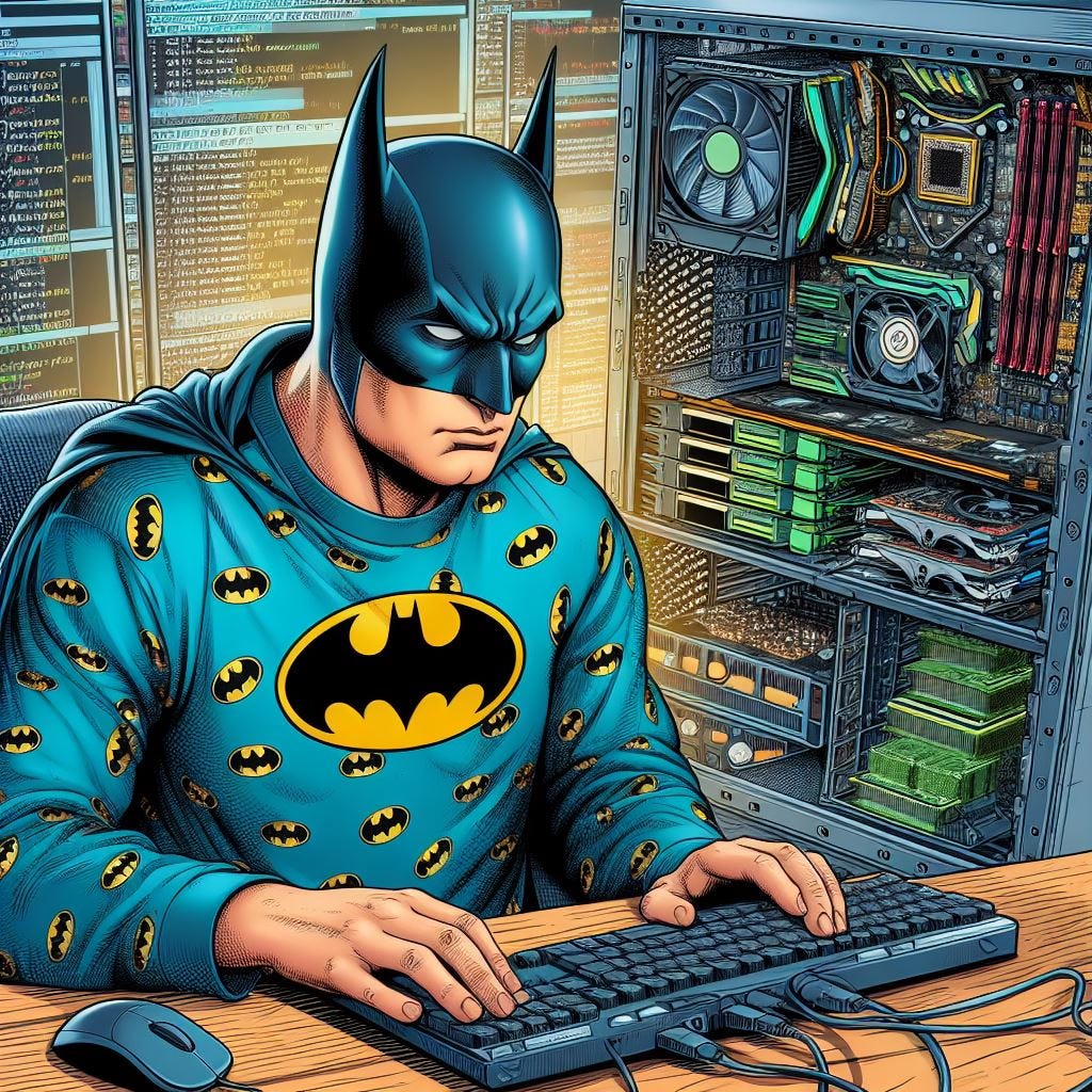 batman in his pijamas training deep learning models sitting in font of a large GPU cluster  and programming. In American comic style 