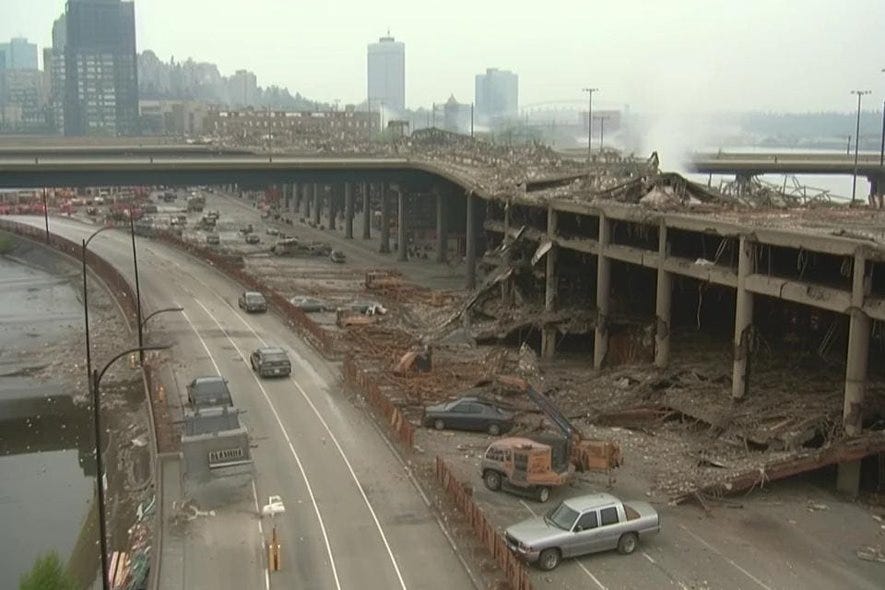 Fake devastation in Seattle from a fake earthquake imagined by AI-image creator Midjourney