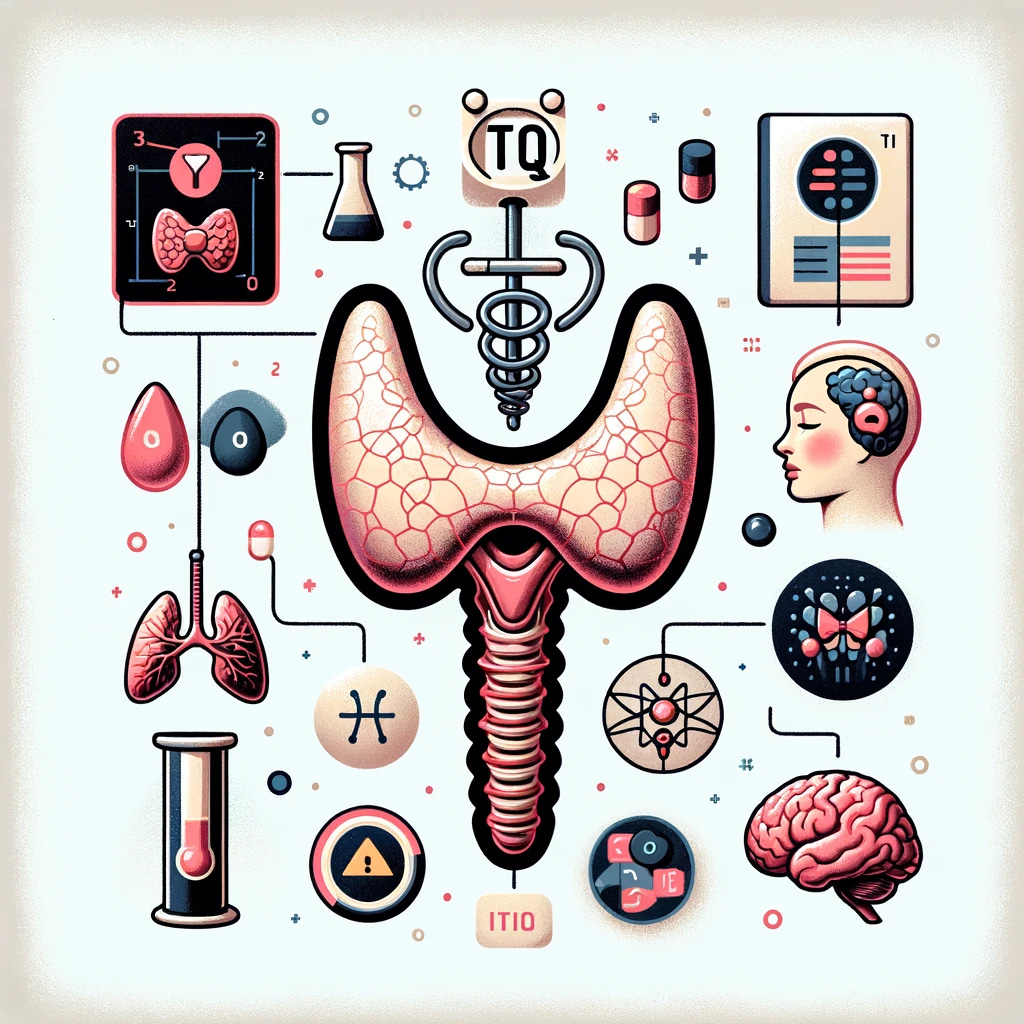 Create a visually appealing square image that captures the key themes of iodine deficiency, its impact on IQ, and its association with cancer. The image should include elements like a human thyroid gland to represent iodine deficiency, a brain to symbolize IQ, and subtle imagery related to cancer such as cells or medical symbols. Use muted, medical-themed colors and ensure the image is cohesive and visually informative without using any text.