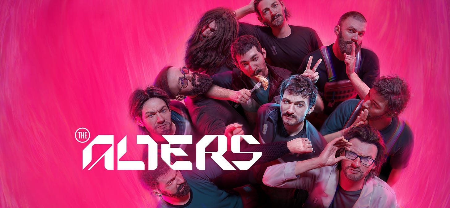 Cover of The Alters, a new game by 11 bit studios, showing several clones huddled together against a bright pink background, and the logo at the bottom centre.