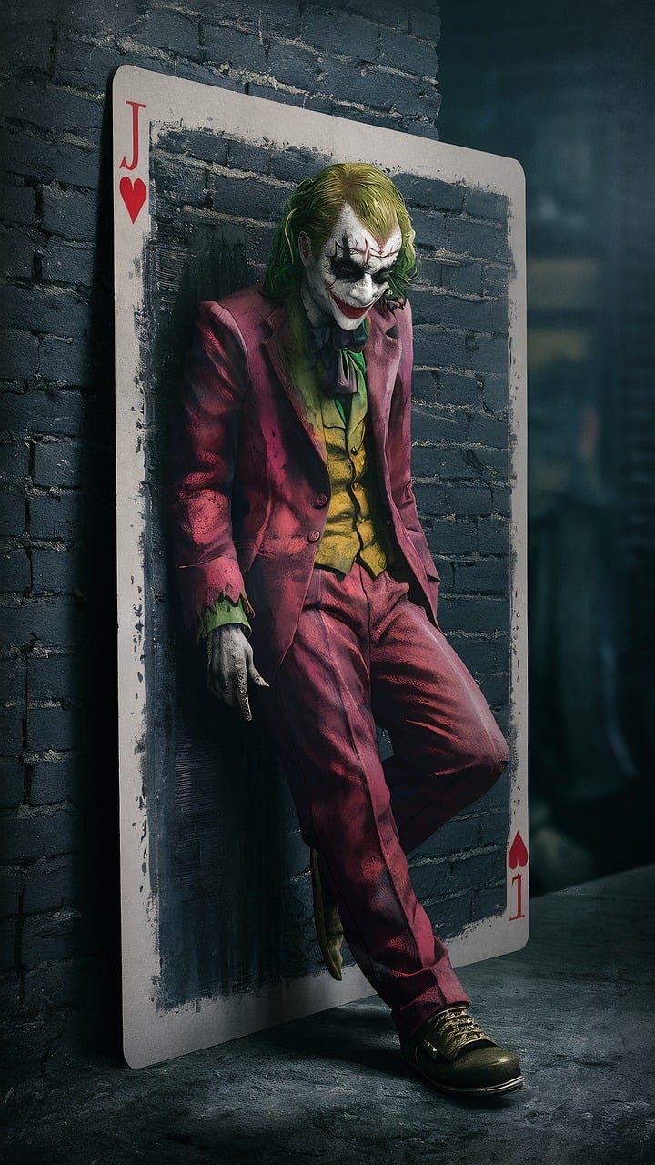 The Joker leaning against a brick wall with the outline of a card around him