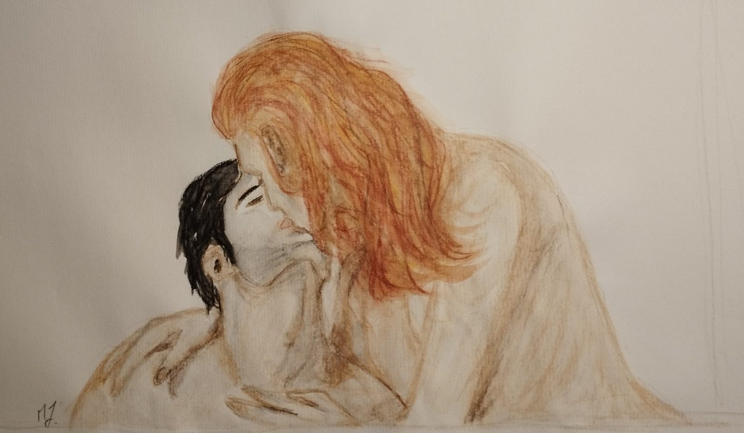 Watercolor pencil drawing and painting of the two MCs, Marius and Kyle kissing. A black haired man, eyes closed, face tilted upwards is kissed by a man with long light brown hair, his hands on the other man's chest and shoulder. They are unclothed to the chest and waist.