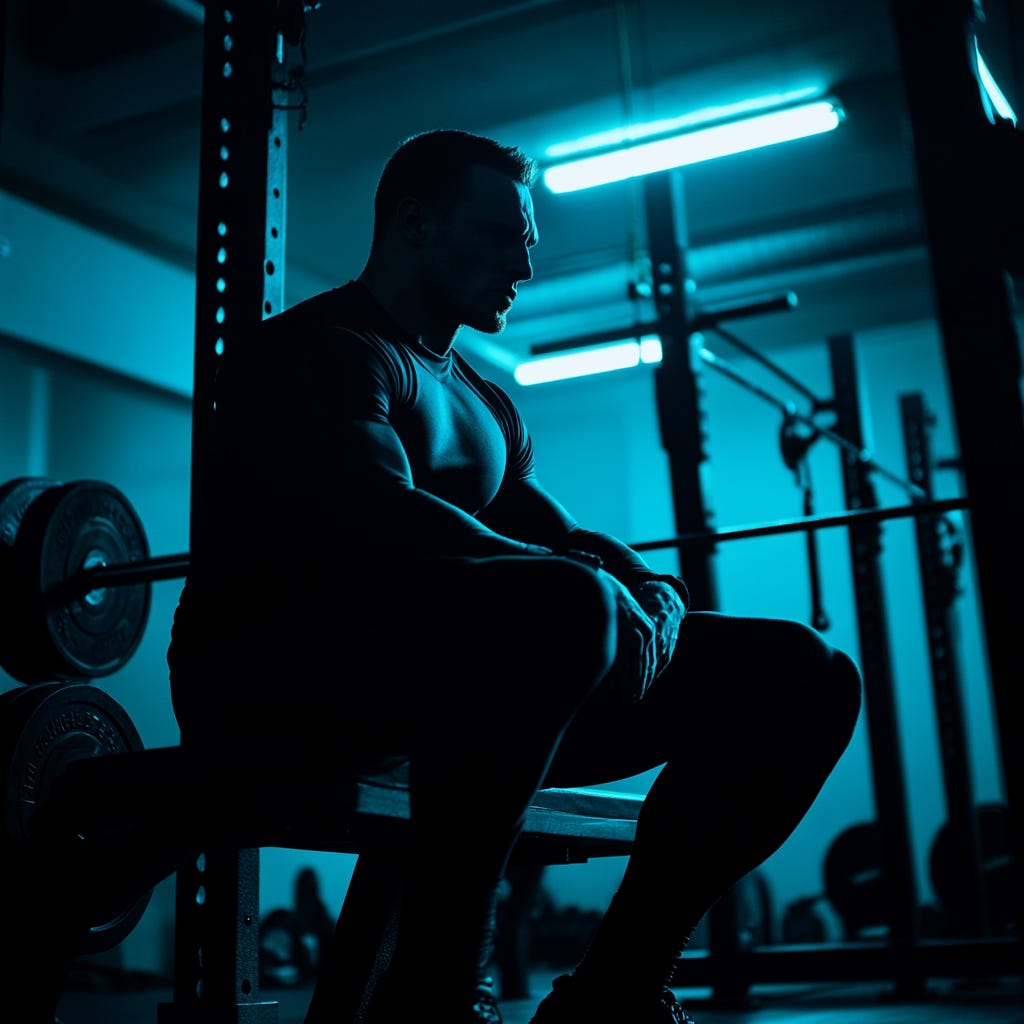 Muscular man wearing under-armour sitting on a bench press in a dark gym with light blue fluorescent lighting