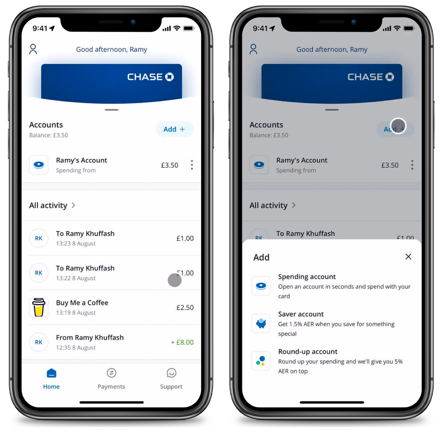 Screens of Chase app