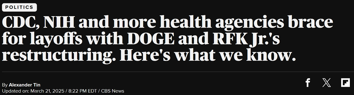  Politics CDC, NIH and more health agencies brace for layoffs with DOGE and RFK Jr.'s restructuring. Here's what we know. By Alexander Tin Updated on: March 21, 2025 / 8:22 PM EDT / CBS News 