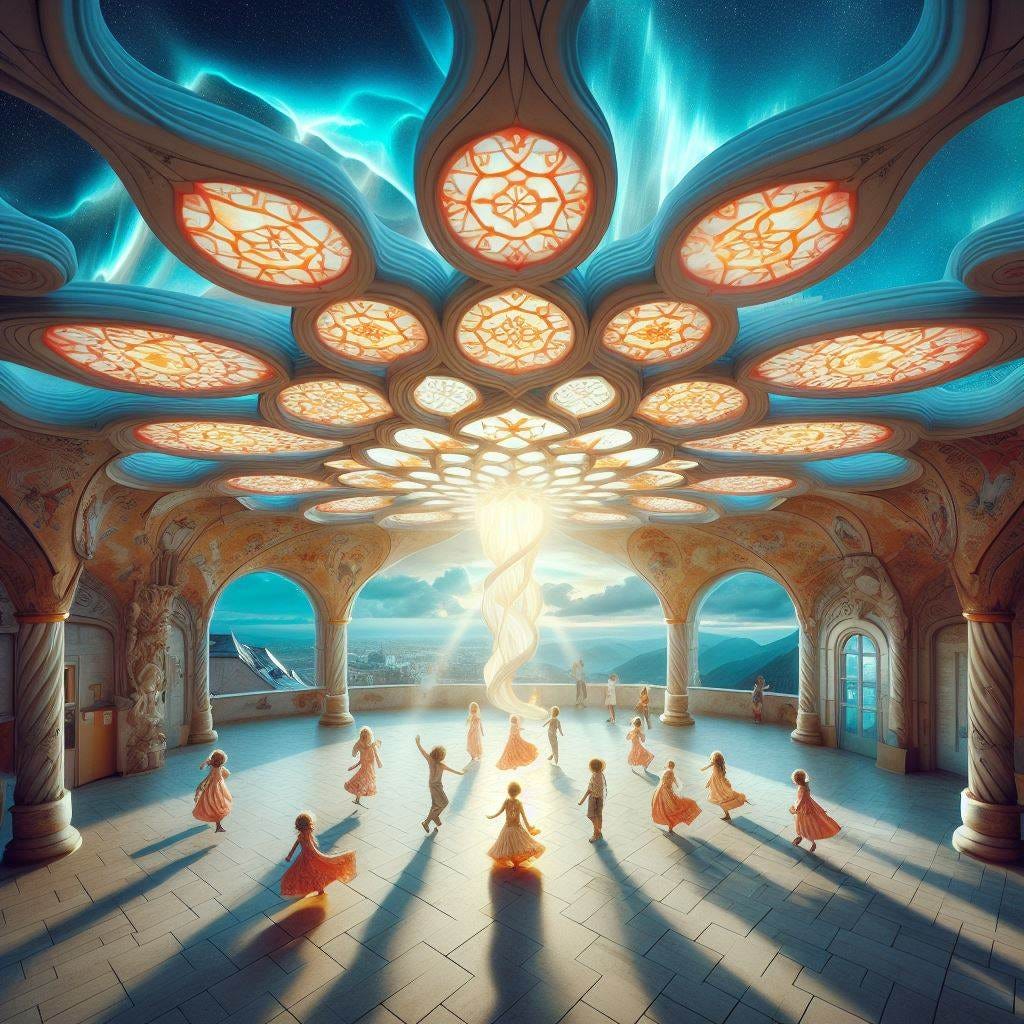 Hyper realistic; tilt shift;  children dancing with coral Quatrefoil: cream Gothic Tracery: Louver  yellow and chartreuse decorative ceiling tiles.Hundertwasserhaus, Vienna, Austria: asian pagoda. blue sky, prisms of light on string.Vast distance..Noctilucent Clouds  spiraling into a portal. Radiant. Ethereal