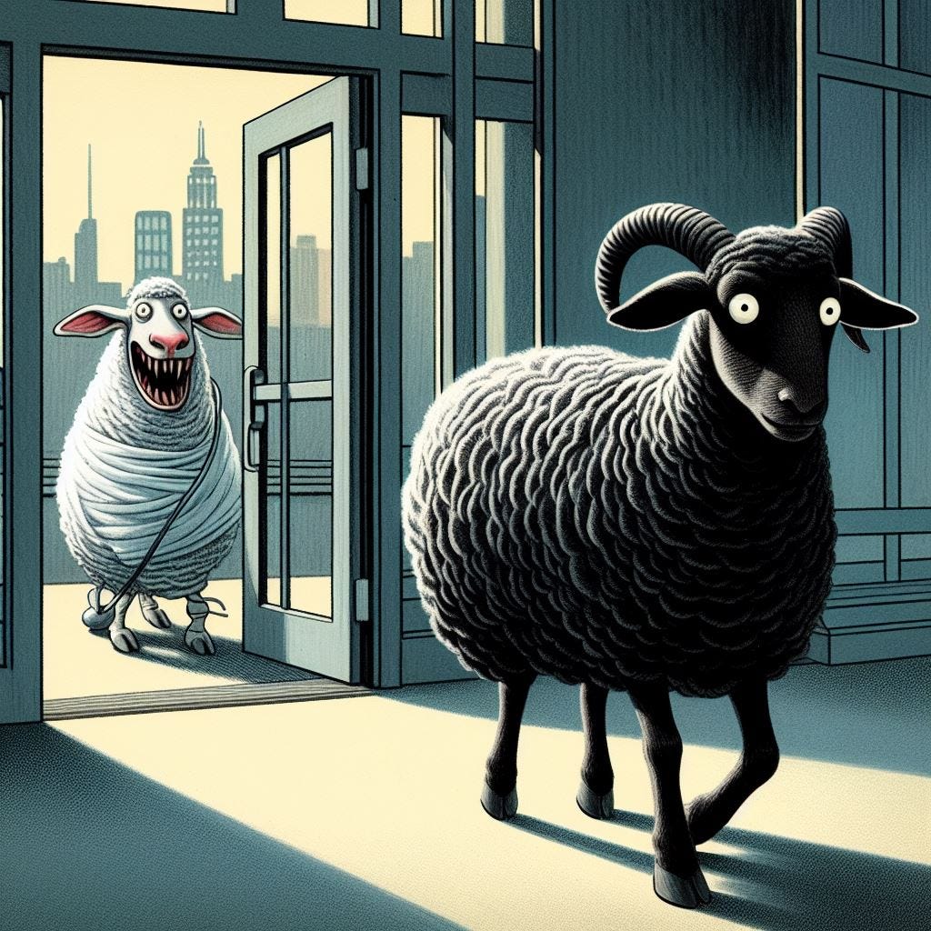 A black sheep with black wool walking away from a hospital while a scary looking white sheep awaits in the doorway. New Yorker style illustration.