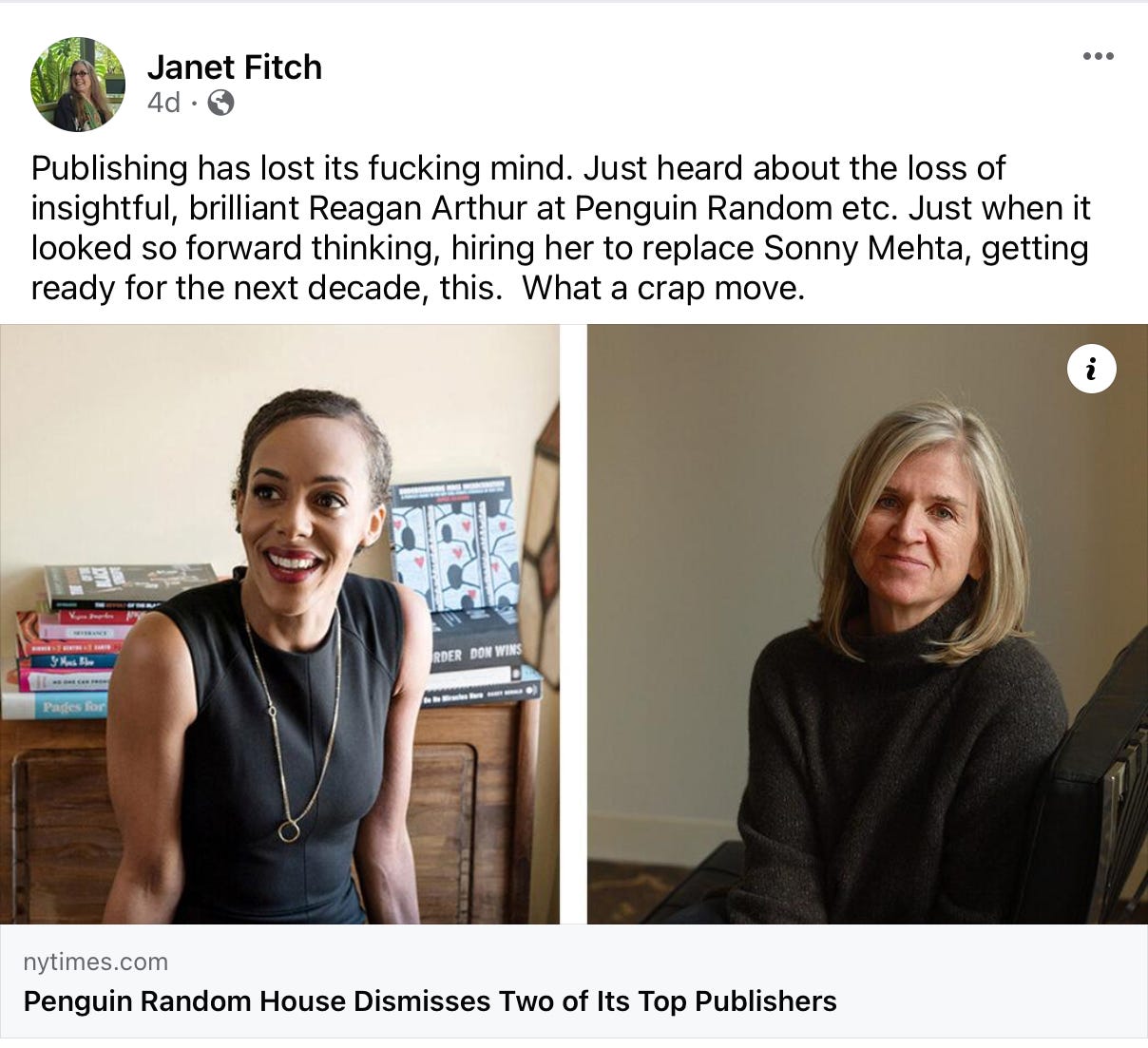 A social media post by Janeyt Fitch saying that publishing has lost its mind in dismissing two of its top publishers.