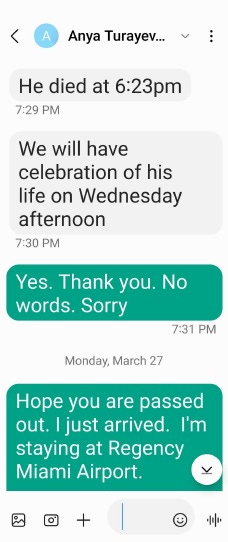 Text from Adam Berlin's wife announcing his death.