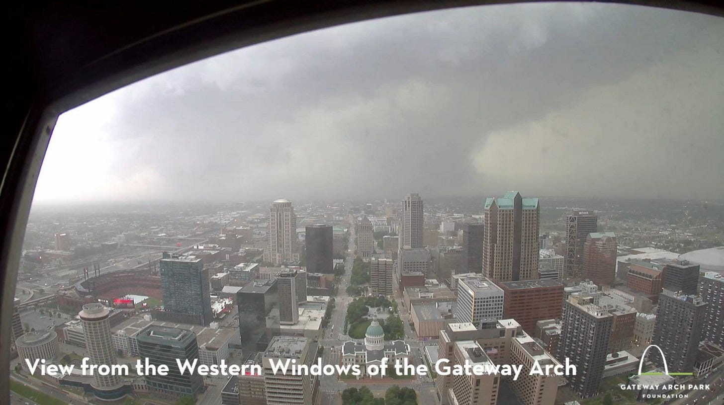 May be an image of tornado and text that says 'BE View from the Western Windows WesternWindowsoftheGateway of the Gateway Arch GATEWAYARCHPARI ARCH PARK GATE FOUNDATION'