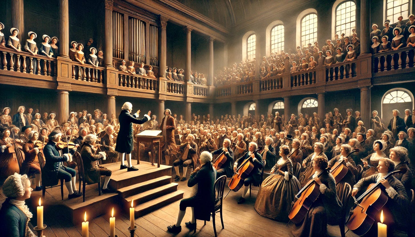 A realistic depiction of the debut of George Frideric Handel's 'Messiah' on April 13, 1742, at the New Music Hall in Fishamble Street, Dublin. The scene is a 35mm photo capturing a lively audience in 18th-century attire, with men in frock coats and powdered wigs, and women in period dresses without hoops as instructed. Handel is seen conducting passionately from the center stage with a modest orchestra and choir in the background. The venue is candlelit, with the crowd closely seated to maximize space. The atmosphere is vibrant, with a sense of awe and excitement in the audience. The architectural details of the hall reflect 18th-century Georgian style, with wooden paneling and simple yet elegant design.