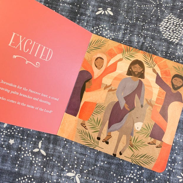The "Excited" pages in the Baby Believer Holy Week book. It shows Jesus riding into Jerusalem accompanied by text about how the people were excited about his arrival and laid out palm branches in his path.