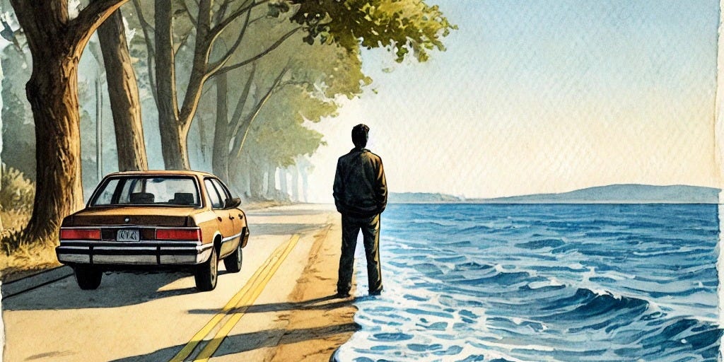 A man standing next to a car. Looking at the land on the other side of the sea