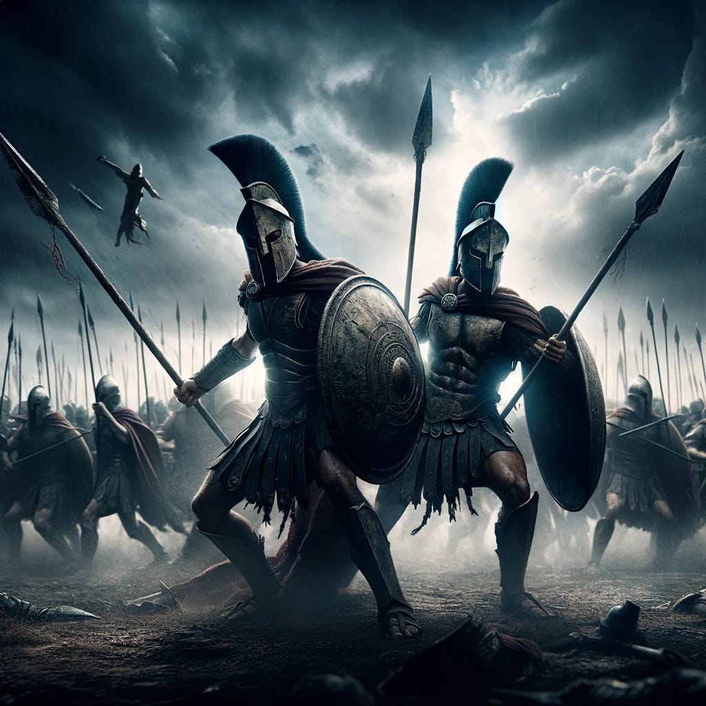 An awe-inspiring scene capturing two Spartan warriors in the heat of battle, surrounded by a vast and formidable enemy force. These Spartans epitomize the pinnacle of bravery and determination, standing firm on a desolate battlefield that bears the scars of conflict. Clad in their traditional armor, with helmets that gleam under the troubled sky and cloaks that flutter amidst the chaos, they wield their spears and shields with unmatched skill and ferocity. The moment is steeped in tension and the raw energy of battle, with the dark, stormy skies above mirroring the tumultuous fight for survival and glory. This image embodies the essence of Spartan valor, facing insurmountable odds with unwavering resolve and the spirit of warriors destined for legend.