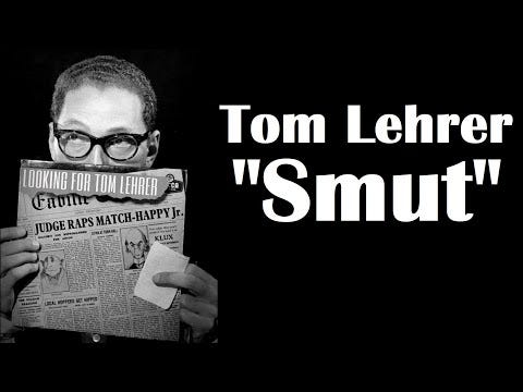 Bespectacled Tom Lehrer peers over a copy of a newspaper whose banner headline reads "Judge Raps Match-Happy Jr."
