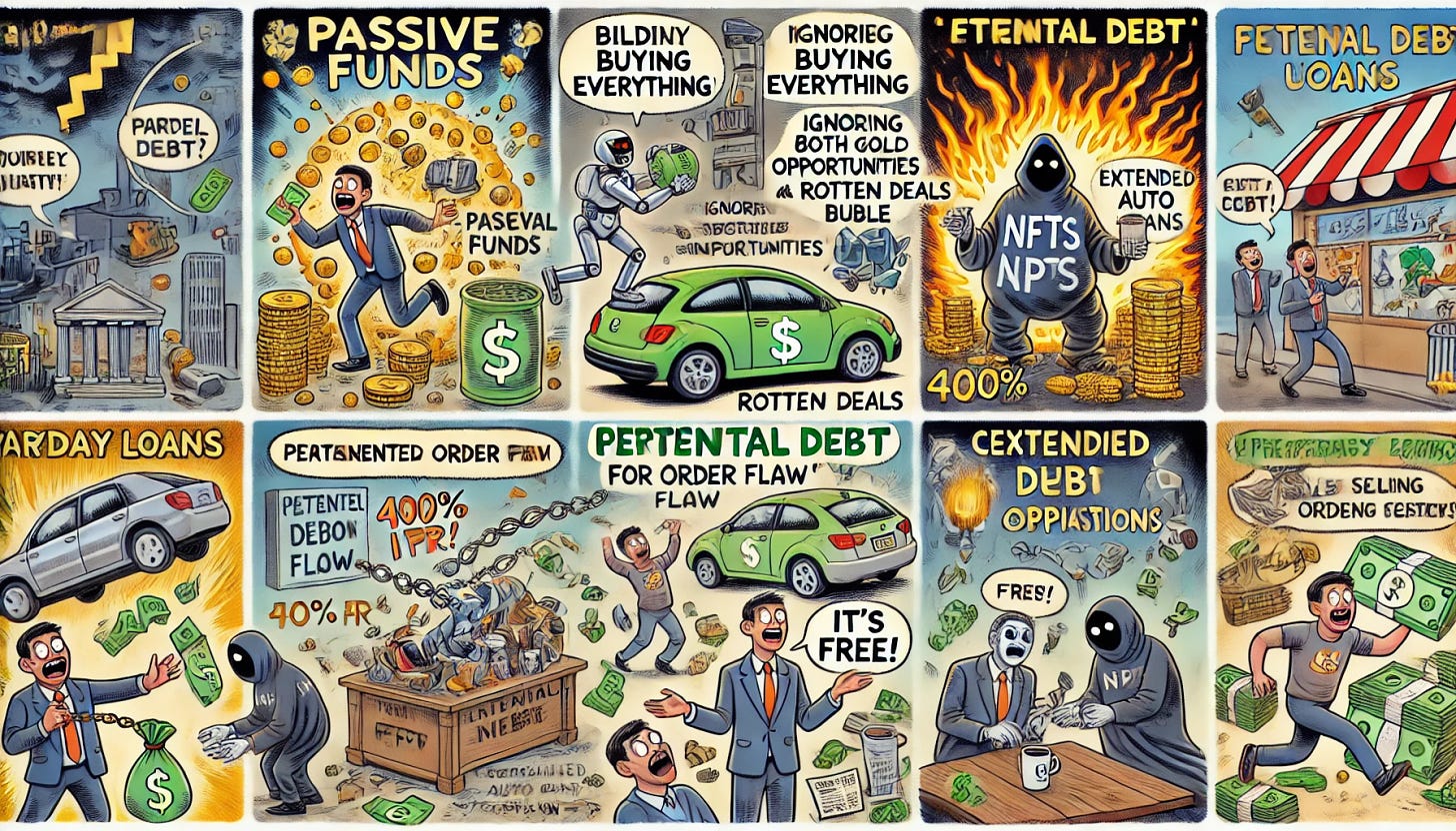 A humorous and satirical comic-style illustration featuring several panels to depict financial concepts: 1) Passive Funds as a robotic investor blindly buying everything, ignoring both golden opportunities and rotten deals, leading to a bubble. 2) Perpetual Debt as a tired investor carrying an 'eternal interest' bag with inflation flames around them. 3) Extended Auto Loans showing a car buyer celebrating a shiny new car while drowning in a pile of debt receipts, the car turning into a cup of coffee. 4) NFTs as a chaotic digital marketplace with people overpaying for pixelated 'art,' while others are scratching their heads in confusion. 5) Payment for Order Flow (PFOF) as a sly broker selling client data in the shadows while calling out, 'It’s free!' 6) PayDay Loans illustrated as a person shackled with chains labeled '400% APR' while holding a small wad of cash. 7) Collateralized Debt Obligations (CDOs) as a mysterious black box spewing risks and financial crises, labeled '2008' in bold letters. 8) Leveraged ETFs as a rocket taking off with a warning sign that says 'High Risk,' crashing into flames labeled 'Compounding Disaster.' 9) Value at Risk (VaR) as an old, confused man trying to warn investors with an outdated map labeled 'Confidence Interval,' as disasters loom behind him. The overall tone is witty and exaggerated, designed to illustrate the pitfalls of these financial concepts.