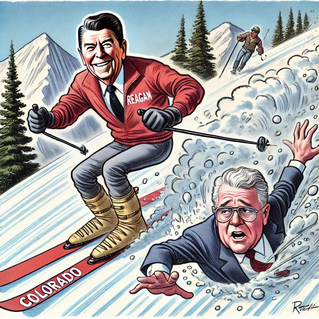 A political cartoon featuring Ronald Reagan skiing down a Colorado mountain. Reagan is depicted confidently riding down an avalanche that is overtaking Walter Mondale, who is struggling to avoid being swept away. Reagan is shown with a determined and cheerful expression, while Mondale appears panicked and overwhelmed by the avalanche. The mountain setting is clearly marked with features characteristic of Colorado, such as pine trees and rocky terrain, adding to the sense of drama and motion in the scene.