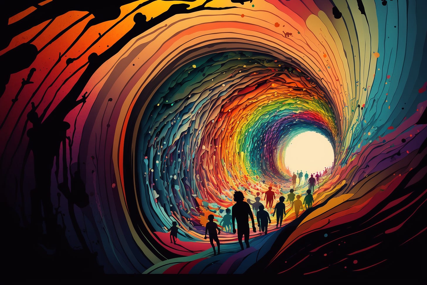 Midjourney-generated image of silhouetted people walking through a tunnel made of swirling spiral rainbow currents moving from darkness to a light at the end of a tunnel