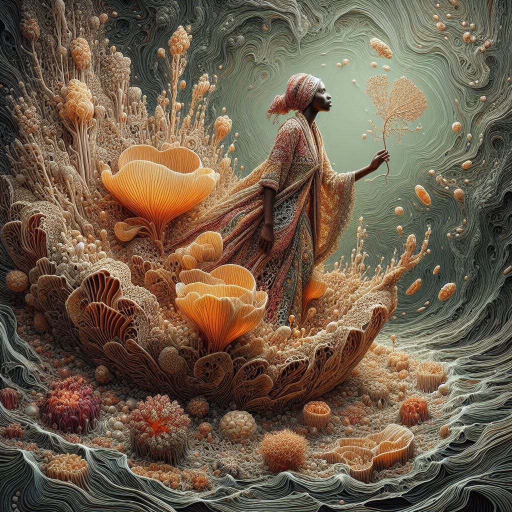 inside piercing air; tiltshift/ 5d angle glass embedded Carla caves / Broken into fragments/ pieces Rwandan woman in traditional garb with lace mycelium in her /her house, glowing,  is a large coral plant underwater / olive,ivory, chartrues, lace made of black water in resin/ love. coral orange, pink, cream, olive address/ reverberating waves/ water in resin verdigris/ In the style of Michael Parkes. black etching/ black linework/ 
