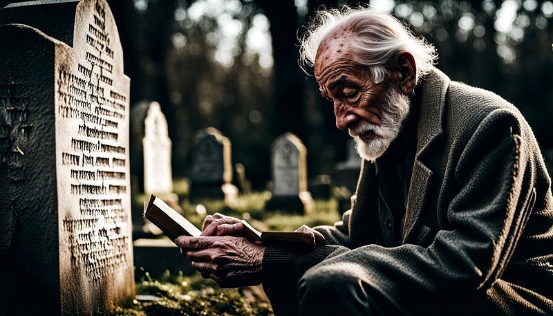 Old man in graveyard, sitting reading inscription on gravestone