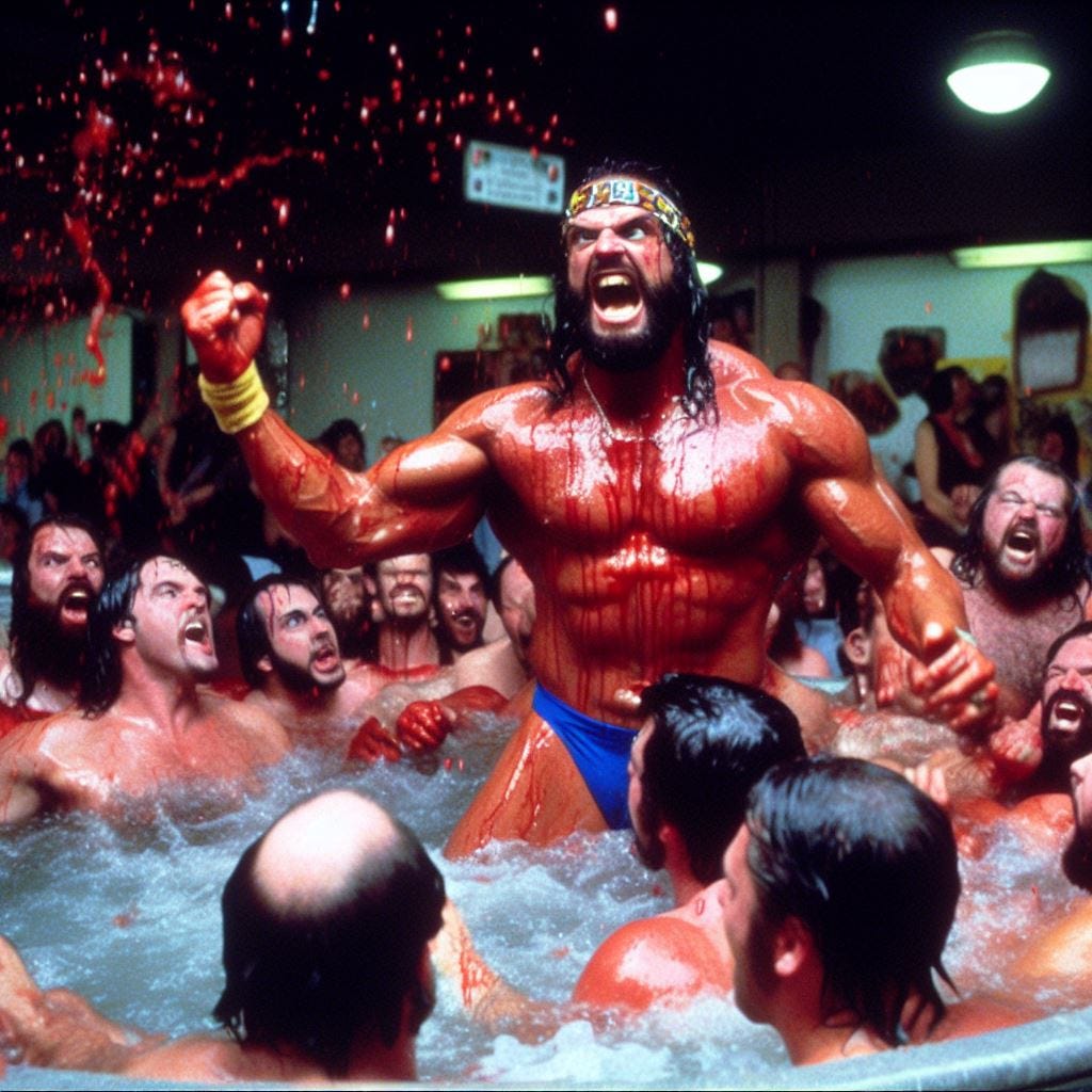 macho man randy savage shouting at men in a crowded jacuzzi while blood rains down