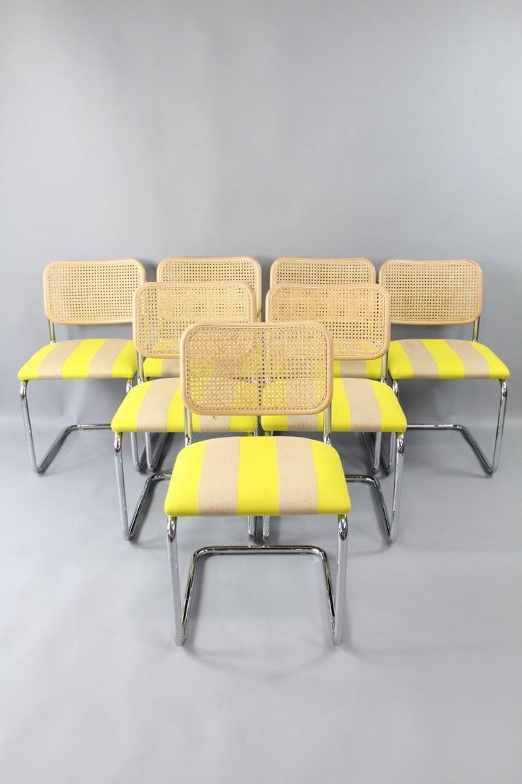 Set of 7 Knoll Striped Upholstered Cesca Chairs by Marcel Breuer