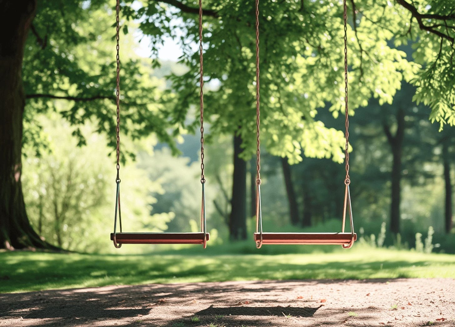 Two swings hanging side by side from a tree limb