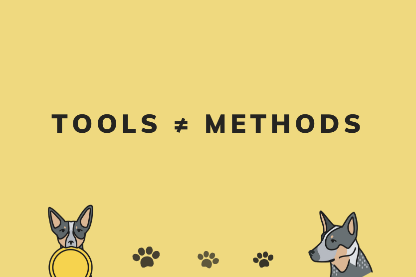 Illustrated icons of Scout the Australian cattle dog with the label tools don't equal methods