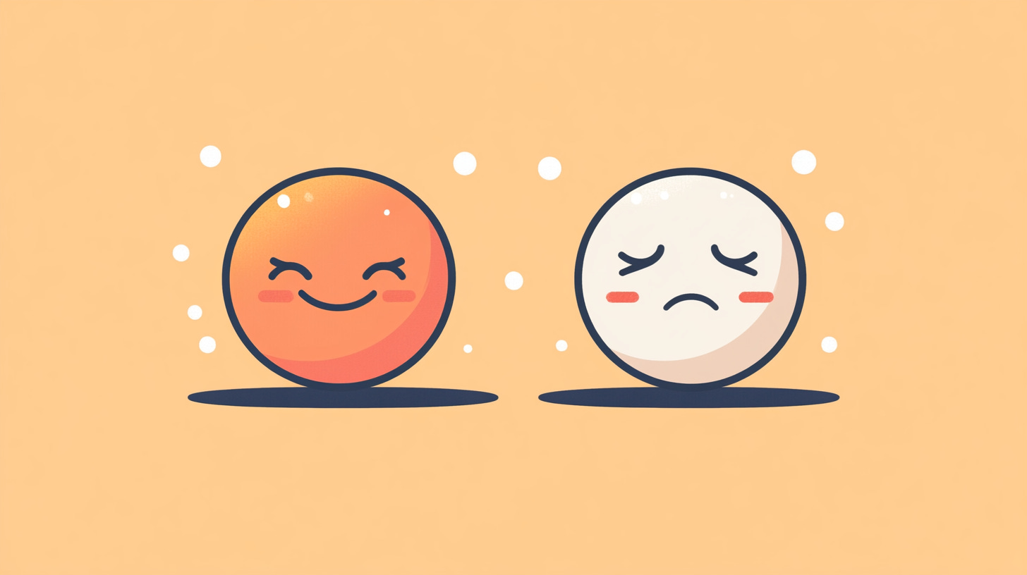 A smiling face emoji next to a frowning face emoji against an orange background.