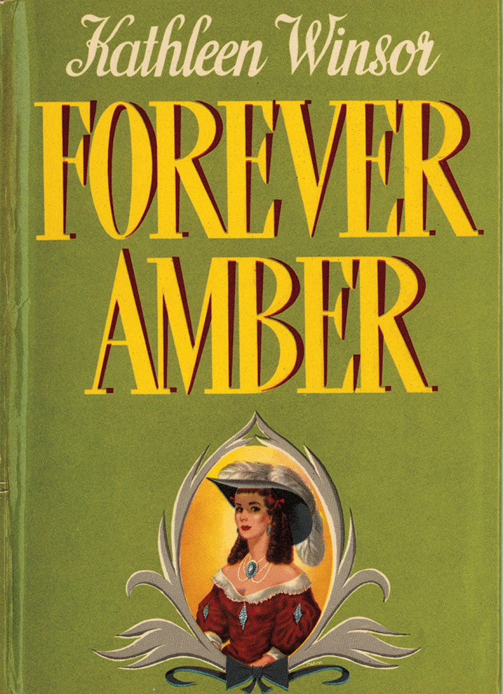 Front cover of 1944 novel Forever Amber by Kathleen Winsor. The cover art includes an image of the title character  in the 1947 film adaptation