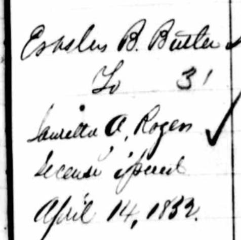 detail from marriage record for Erastus Butler and Lauretta Rogers