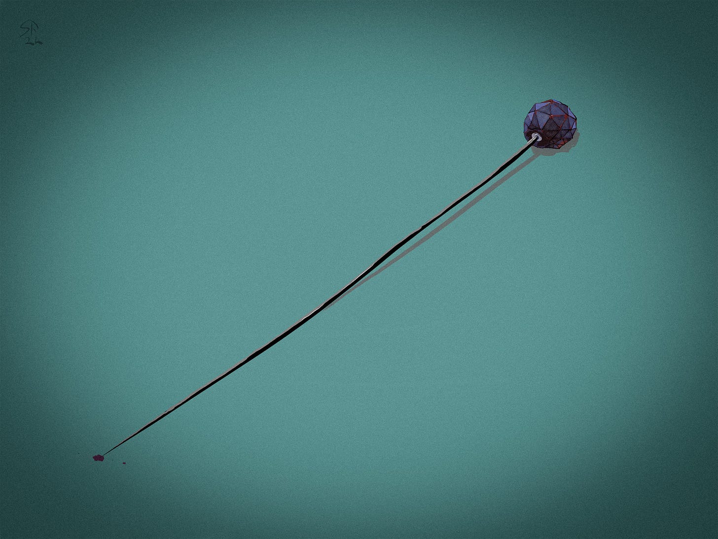 Pen and pastel drawing: Edwardian hatpin on a teal background with a fleck of blood