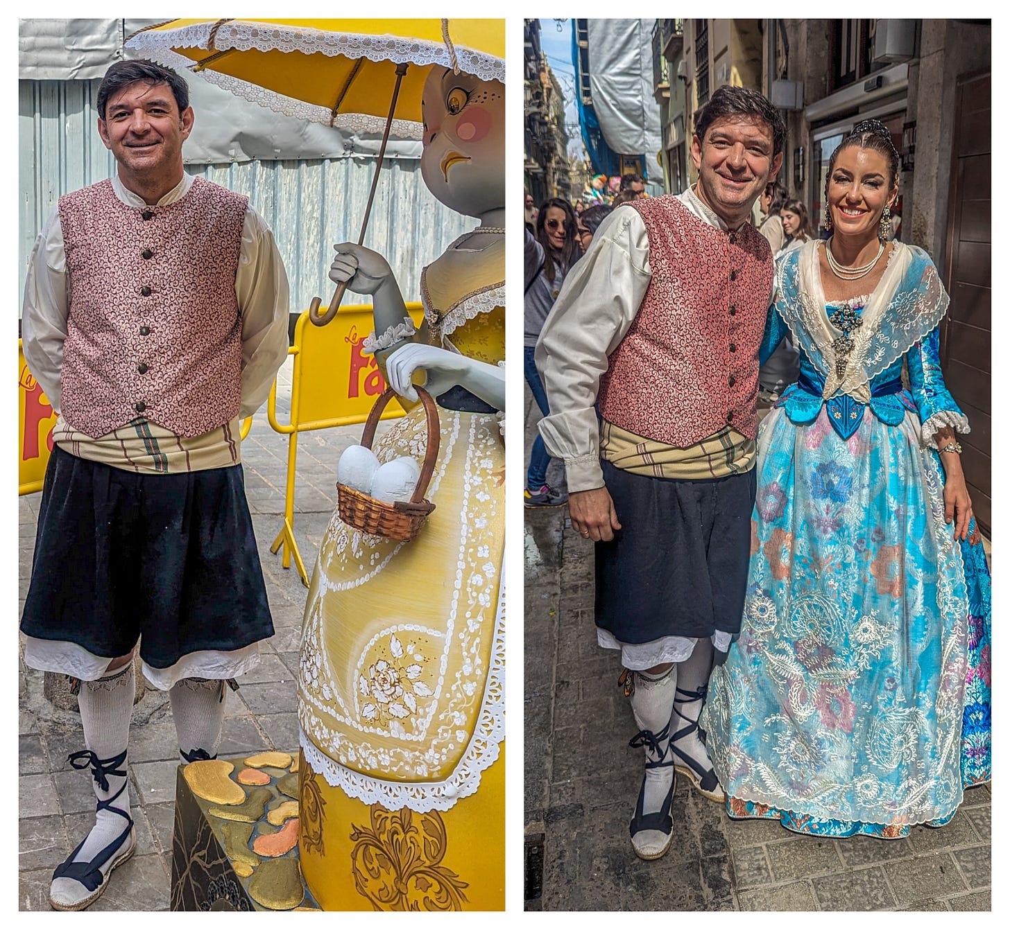Marcelino, wearing a traditional costume and posing next to a smaller ninot; second picture, Marcelino with his wife, also in a traditional dress that is blue and covered with a floral pattern.