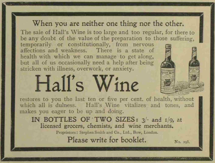 A newspaper advertisement with a double black border and an illustration of two bottles of wine. Most of the advertisement is text recommending the wine and advising readers to write for a booklet.