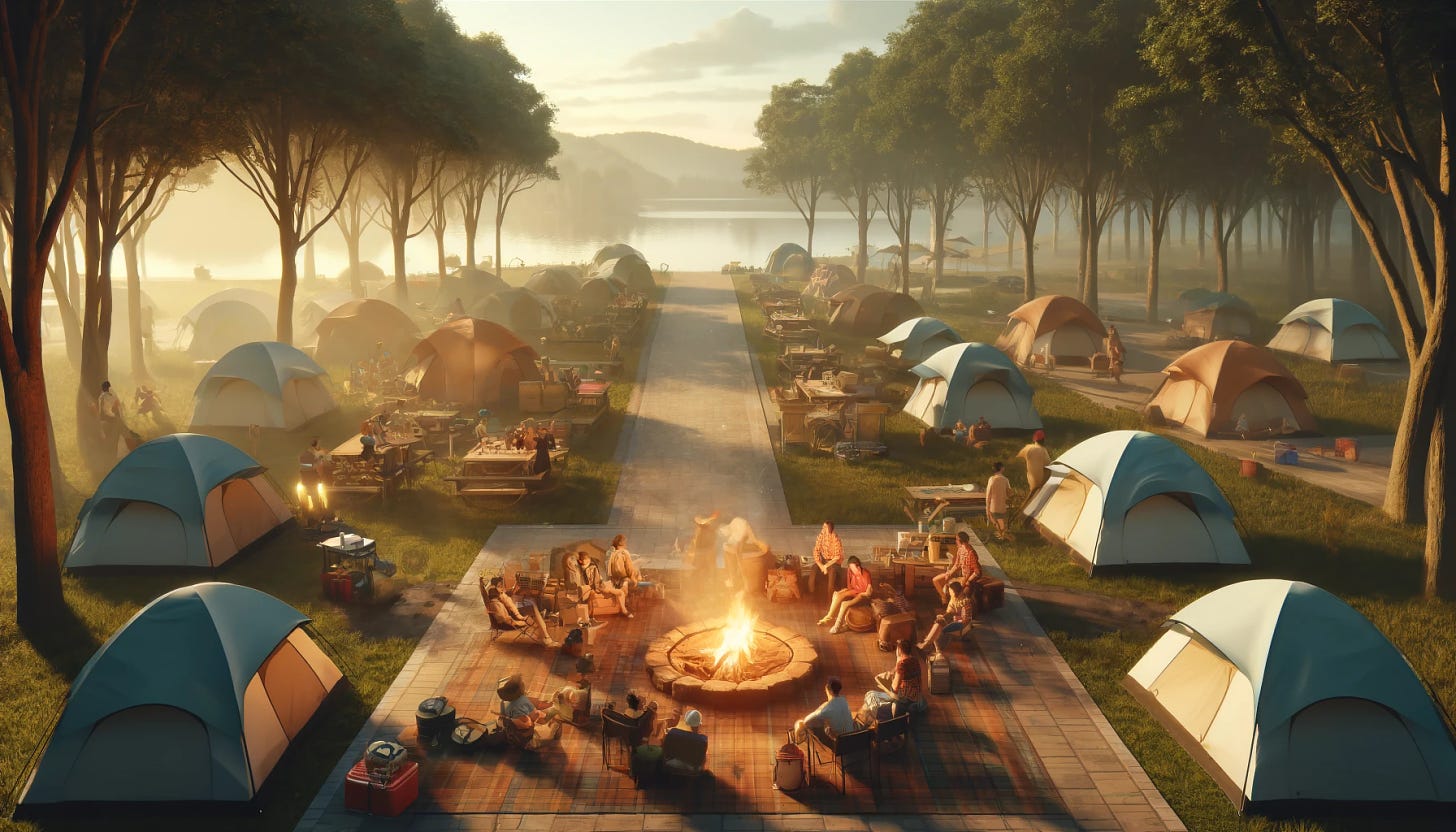 A serene campground with several groups of campers. There are multiple tents set up around a central campfire, with people sitting and standing around, enjoying the outdoors. The area is surrounded by trees, with a clear sky above and a nearby lake visible in the background. Camping gear like backpacks, coolers, and lanterns are scattered around. The scene captures a peaceful and social camping experience.