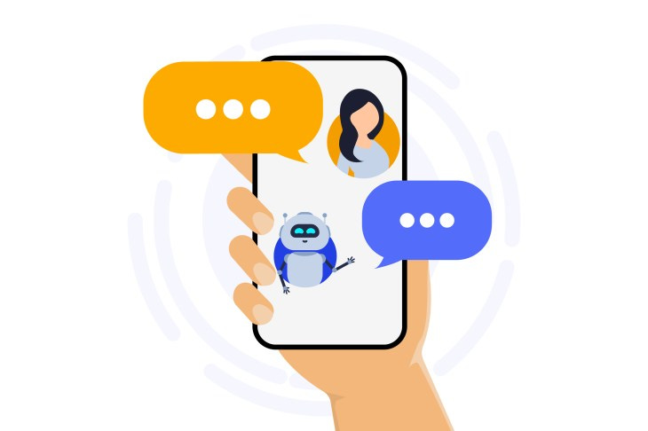 Chatbot concept. Hand holding phone with illustration of woman chatting with chat bot in smartphone. User chatting with chat bot on smartphone. Customer service help. Vector illustration