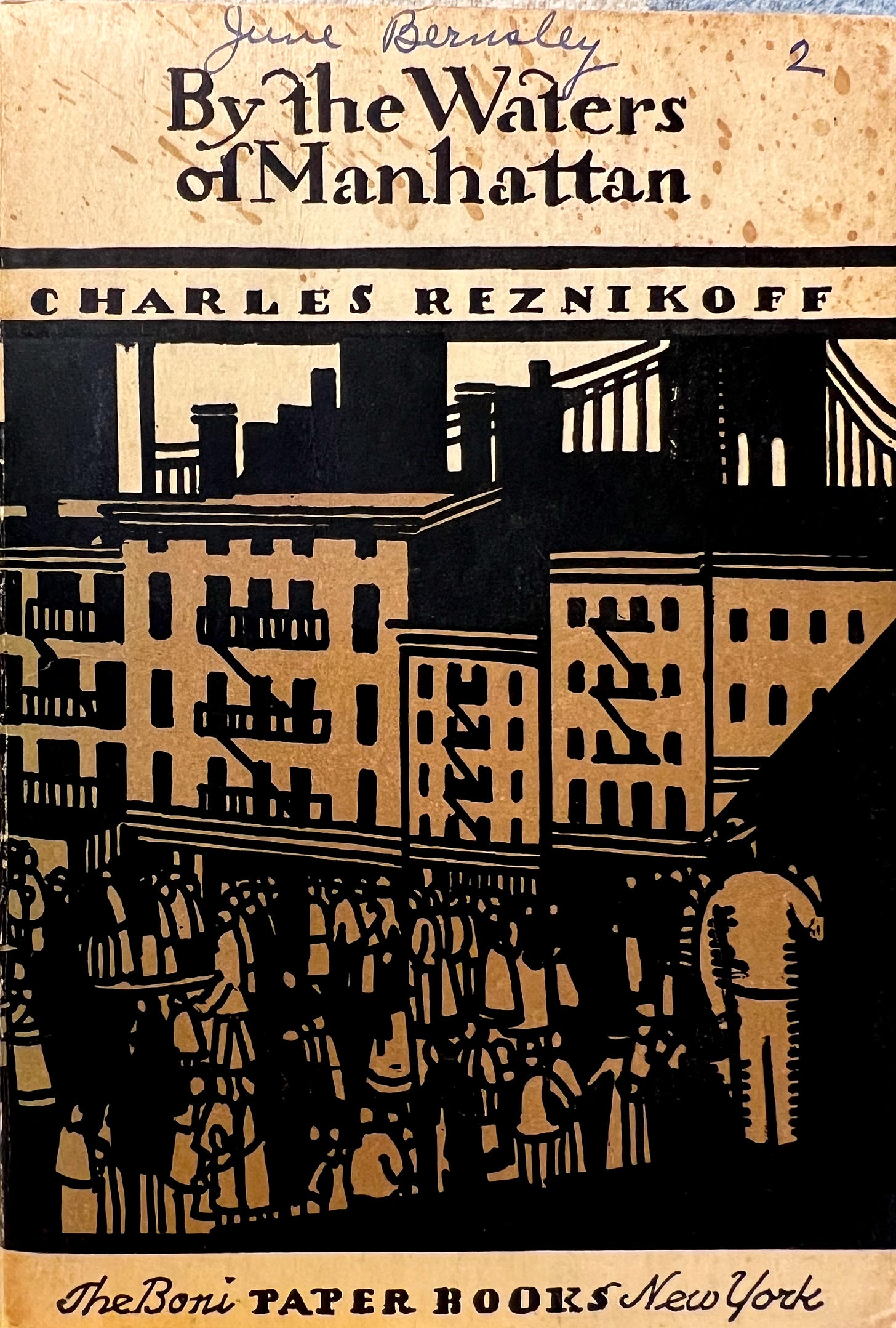 A book cover, with the title and author's name hand-lettered, and an illustration of New York's Lower East Side with the Brooklyn Bridge as a backdrop