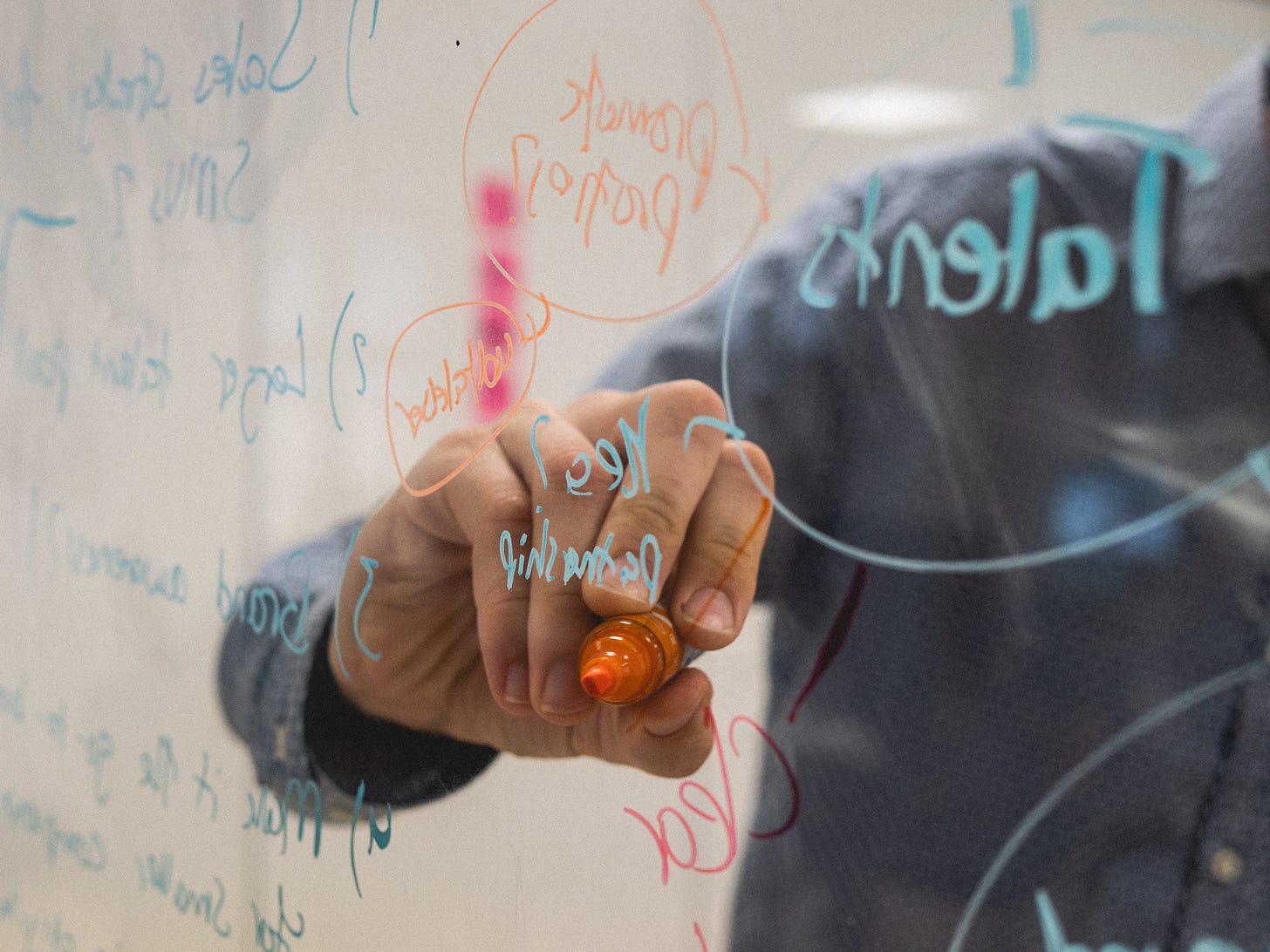 A photo taken through a transparent whiteboard covered in scrawled notes. A person stands on the other side, holding an orange marker up to the board. Only their hand, arm, and blue collared shirt is visible.