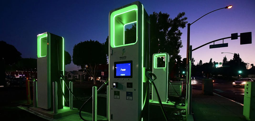 PHOTOGRAPH: FREDERIC J. BROWN/GETTY IMAGES. Electric Vehicle charging stations.