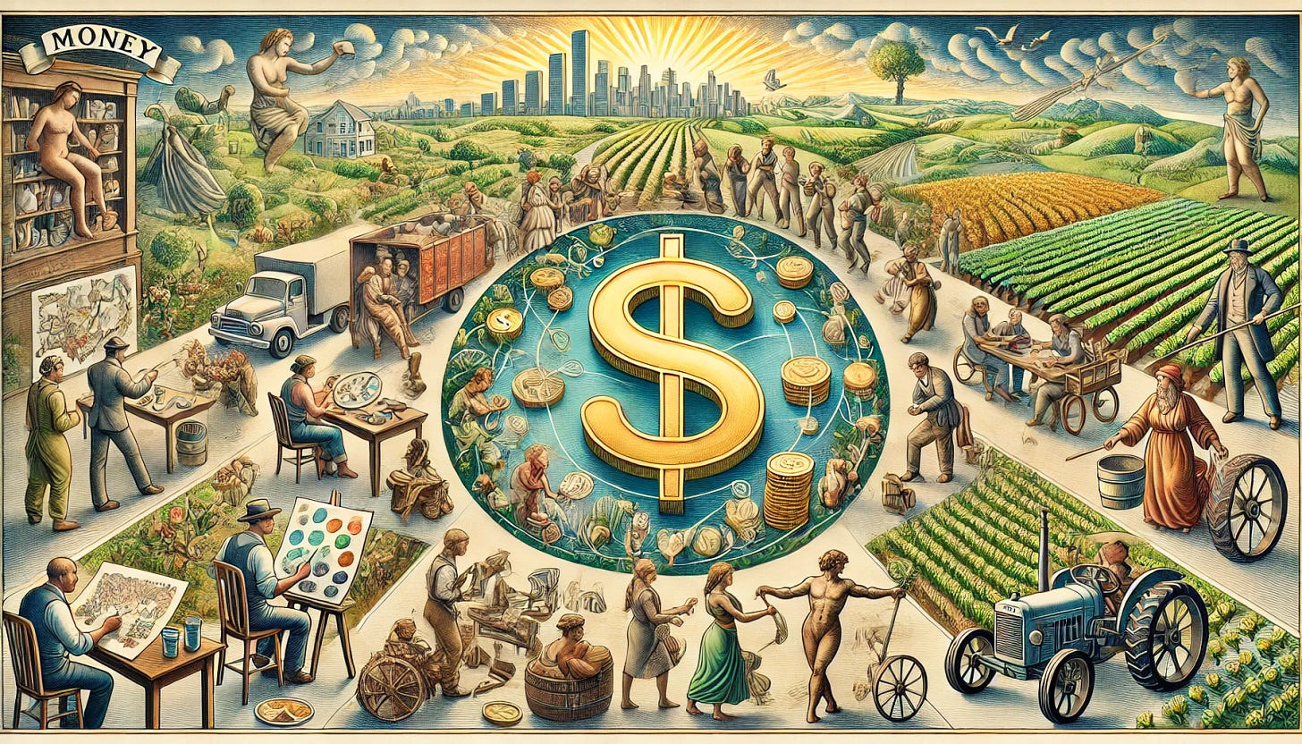 A detailed panoramic illustration depicting the importance of money in human development. The image should show a diverse group of people engaging in various professions like painting, farming, and trading, with a central symbol of money (such as coins or a dollar sign) connecting them all. The background should include elements that represent growth and prosperity, such as a thriving city skyline, flourishing fields, and happy, productive individuals. The overall theme should convey the positive impact of money on societal development and individual specialization.