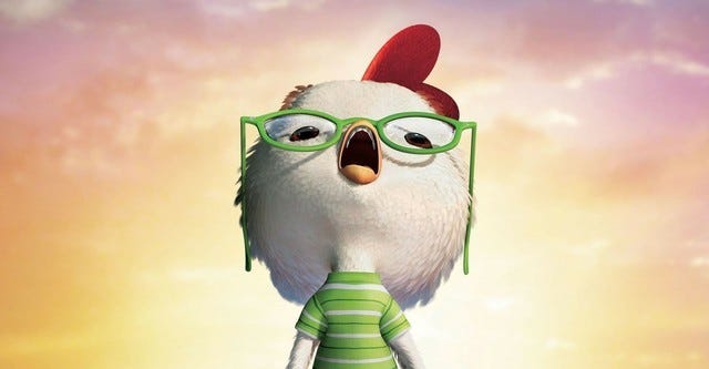 A screengrab from the Walt Disney film Chicken Little, showing the titular character looking up at the sky.