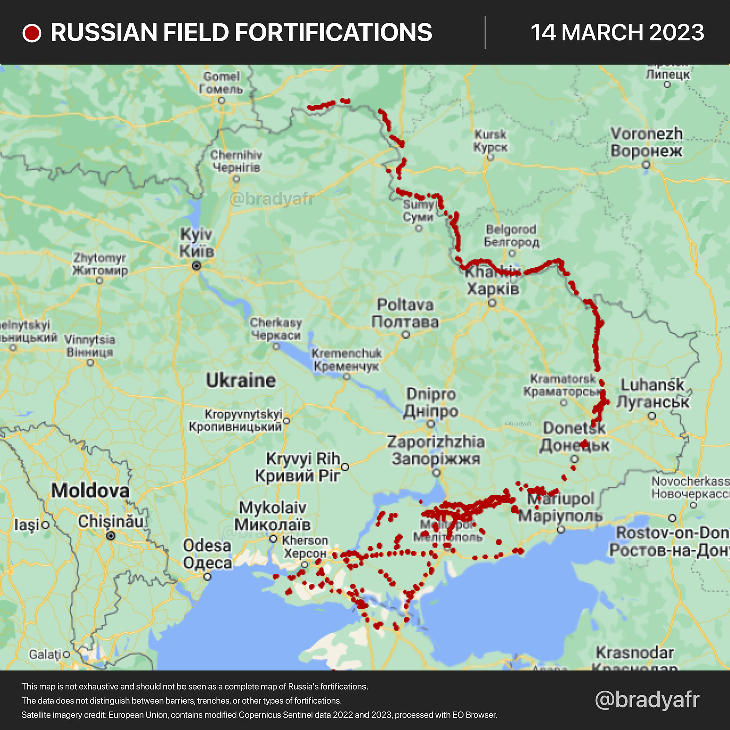 Brady Africk on Twitter: "New satellite imagery shows that Russian forces  have ramped up the construction of fortifications across occupied regions  of Ukraine. Check out a map of Russia's field fortifications here: