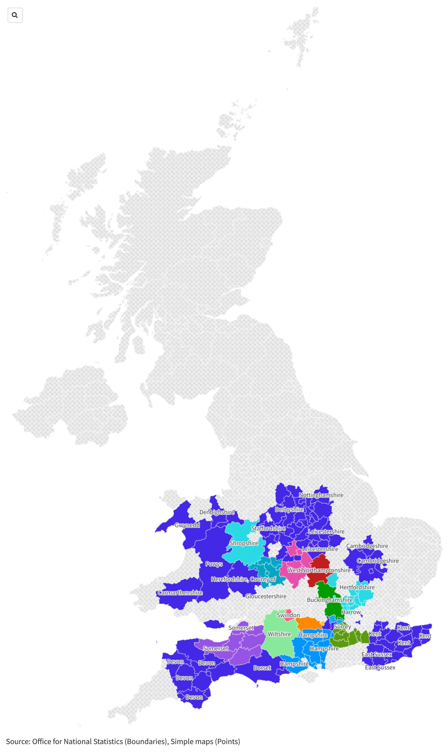 A map of the country with placements plotted on it 