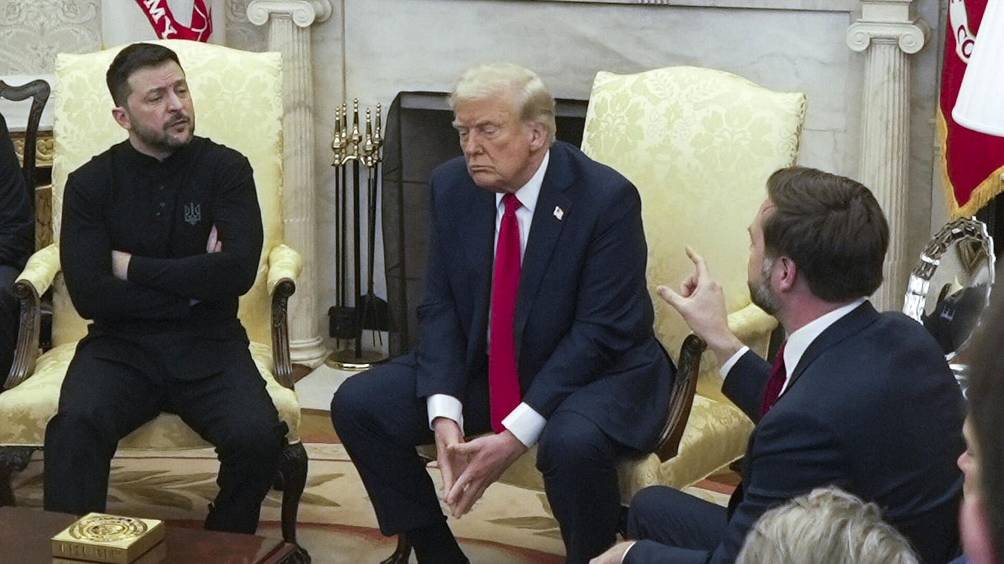 Vice President JD Vance, right, speaks with Ukraine's Volodymyr Zelensky, left, as President Donald Trump listens in the Oval Office at the White House, Friday, Feb. 28, 2025, in Washington.  - Sputnik International, 1920, 03.03.2025