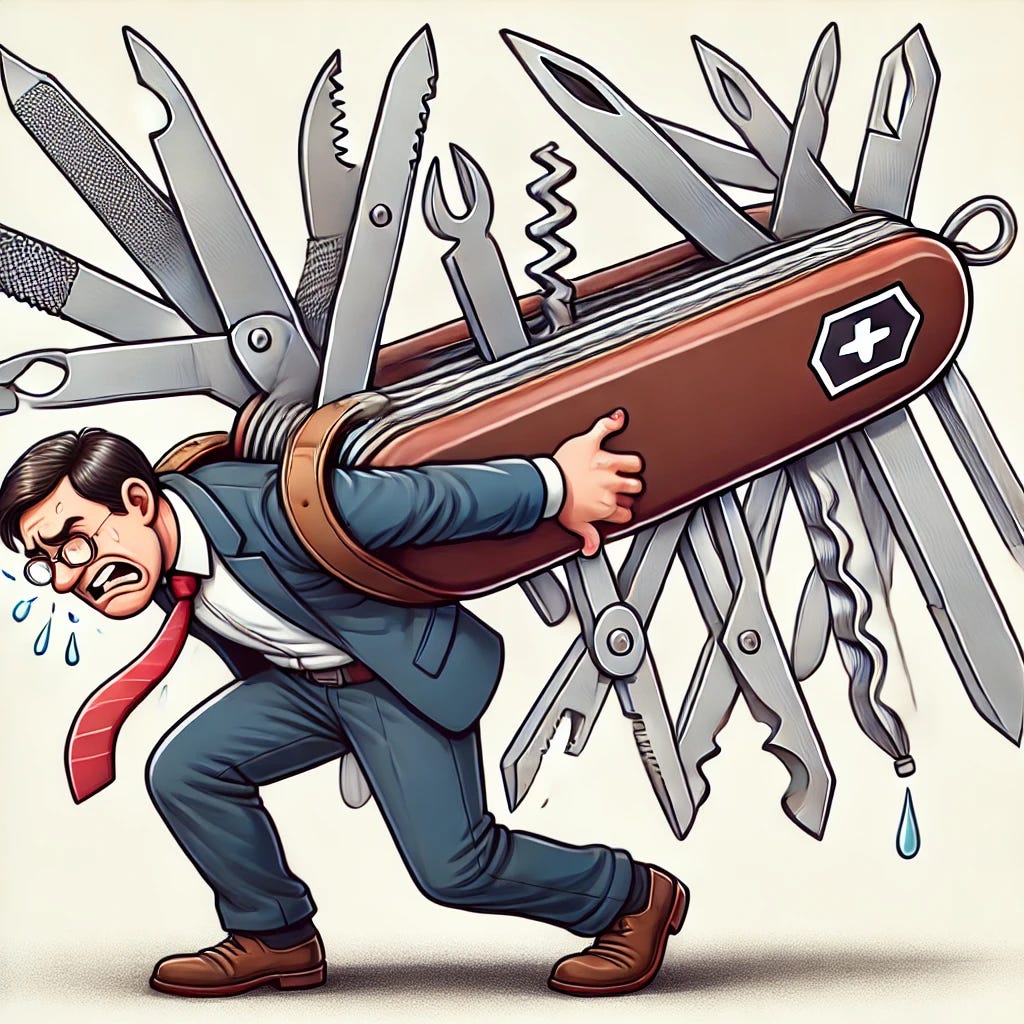 A funny cartoon depicting a lawyer struggling to carry an oversized and very heavy Swiss Army knife. The lawyer, dressed in a suit and tie, is hunched over with a strained expression, holding the giant multi-tool that is comically large with multiple tools extended. The scene should be exaggerated and humorous, with the lawyer's hands barely able to grip the knife due to its immense size. The setting can be simple and focused on the interaction between the lawyer and the absurdly heavy Swiss Army knife.