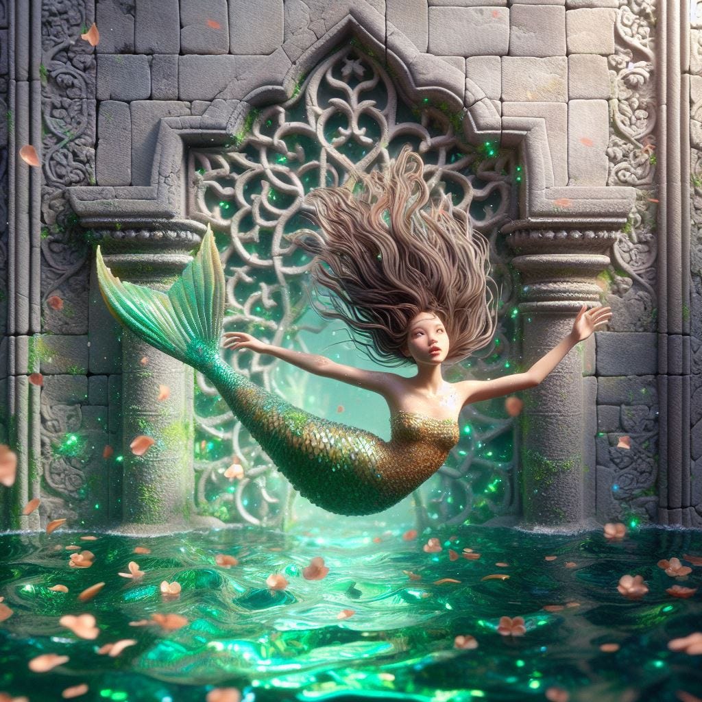 Hyper realistic;tilt shift; everything is falling.foreshortening.mermaid with short chartreus and brown sea kelp hair flowing.She is looking at camera swimming toward it, in water with Quatrefoil on wall inside it : mermaid falling with grey Gothic Tracery inside: light green glowing decorative tiles. mermaid falling glowing coral light contains the Angkor Wat, Cambodia: : water, aluminum foil, flower petals sunny day with cerelean sky. green sparkles.Tilt shift. ethereal . f