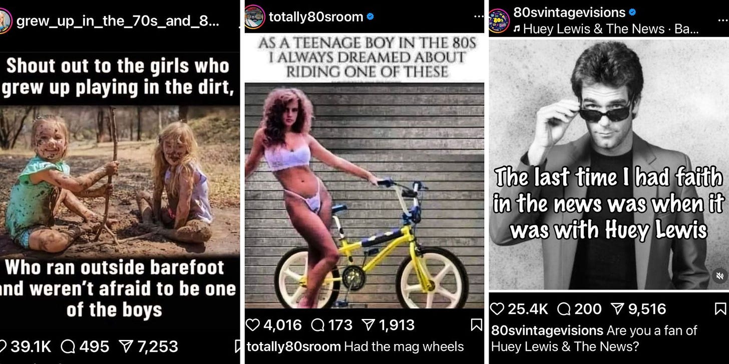 Three Instagram screenshots:Two little girls playing in the mud, a young woman in a bikini on a BMX bike, and Huey Lewis