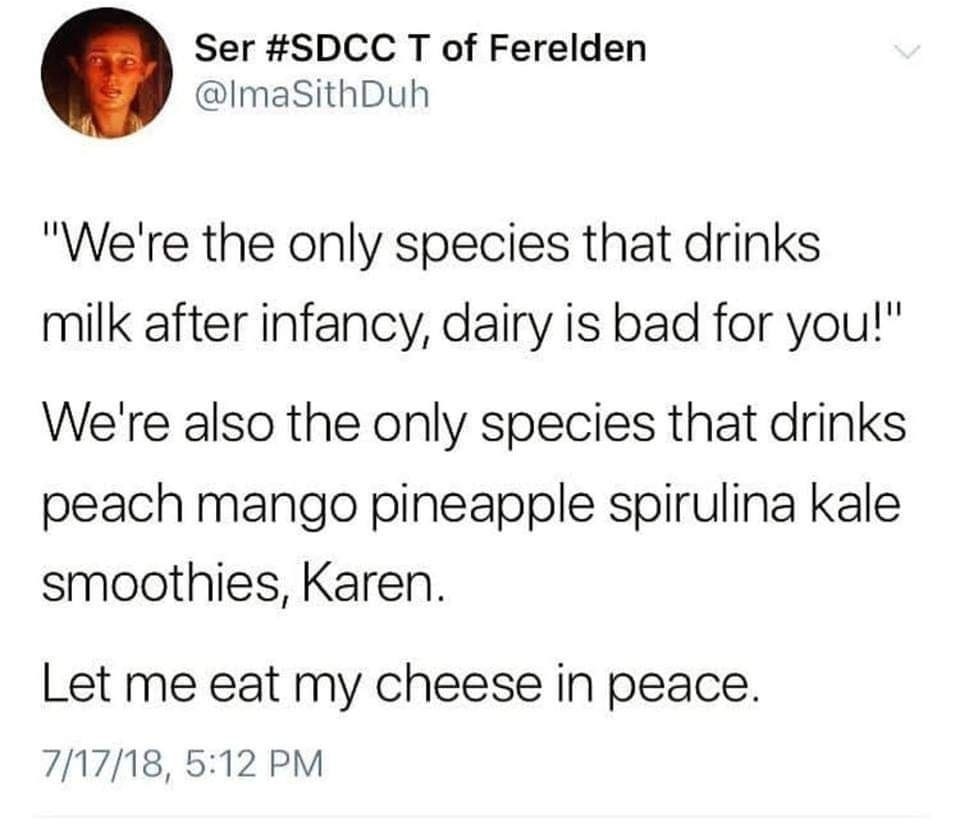 May be an image of 1 person and text that says 'Ser #SDCC T of Ferelden @ImaSithDuh "We're the only species that drinks milk after infancy, dairy is bad for you!" We're also the only species that drinks peach mango pineapple spirulina kale smoothies, Karen. Let me eat my cheese in peace. 7/17/18, 5:12 PM'