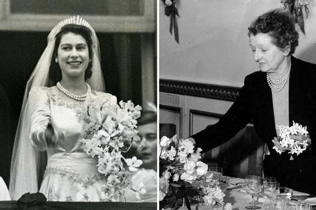 Princess Elizabeth on the balcony at Buckingham Palace on her wedding day and, right, Derby's Constance Spry who did the flowers on the day