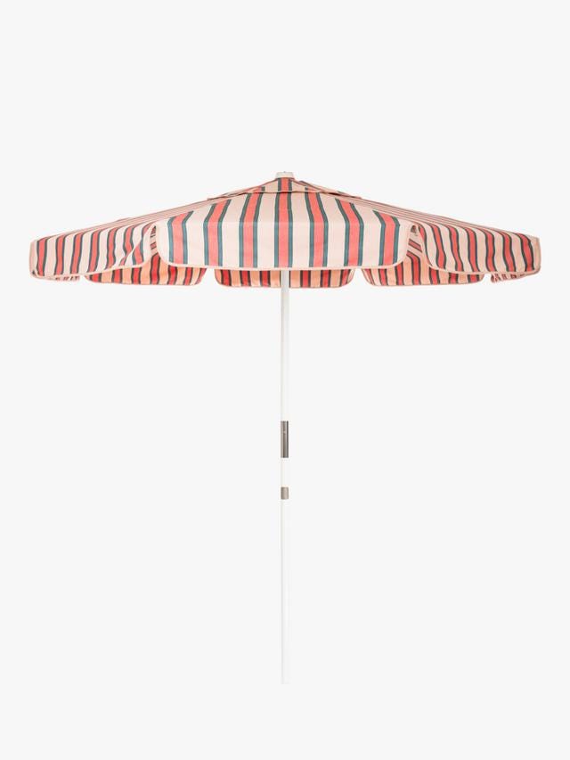 striped parasol in cream, salmon pink and green